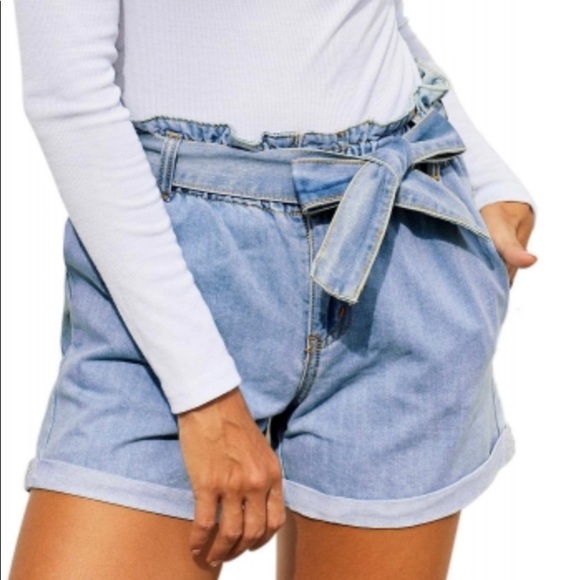 Pants - Light Denim Paper Bag Tie Waist Shorts - XL